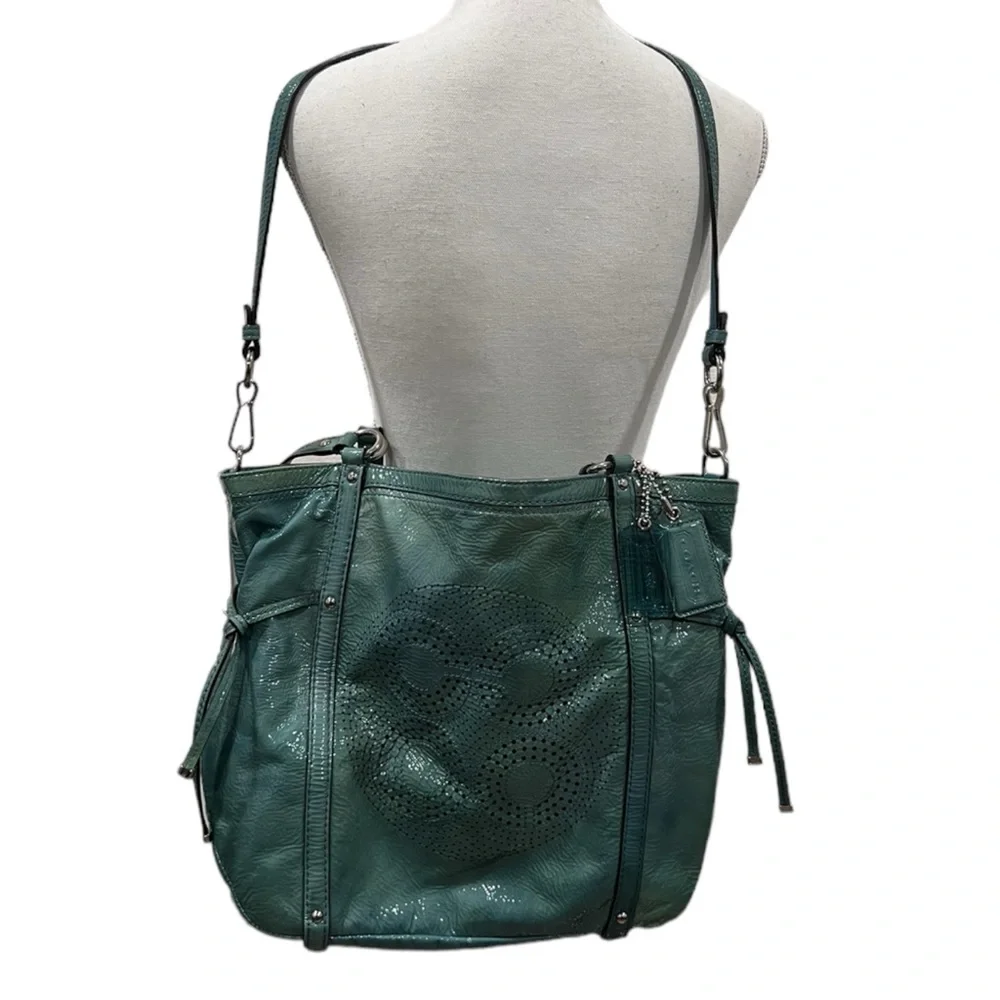 Coach Aubrey Aqua Marine-2 Tone Patent Leather Tote W/Shoulder Strap & Handles - Picture 2 of 16